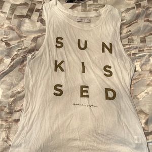 Spiritual gangster white tank top with the word Sunkist written in gold size L
